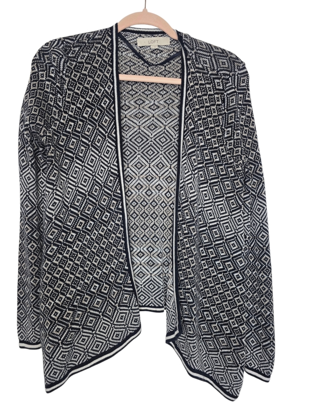 LOFT navy blue and white patterned open-front long sleeve cardigan